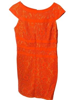 ❤️ Adrianna Papell Salmon Lace Shoulder Sheath Women’s Midi Cocktail Dress 12